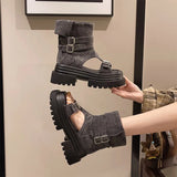 Pbong  European and American Style Belt Buckle Open-Toe Sandals for Women, New Summer Thick-Soled Height-Increasing Versatile Denim Fashion Boots, Short Boots