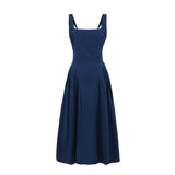 French Retro Style A-line Backless Strap Dress Solid Color Eleagant Chic Square Collar Party Dress 2025 New Female Vestidos
