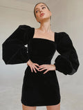 Evening Puff Sleeve Women's Velvet Dress Winter Black Sexy Bodycon Dress Square Collar Formal Dresses Elegant