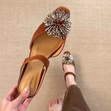 Pbong  Elegant Retro Firework Rhinestone Women's Sandals Fashionable Flat Heels Ultra-Soft Leather Inner Slip-On Summer Sandals