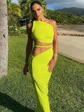 Green Sexy Two Piece Sets Women Oblique Shoulder Crop Tops And Maxi Skirt Female Thigh High Split Ruched Long Dress