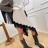 Pbong  New Autumn Solid Lace Patchwork Skirt Women Elegant Waist Cinched Mid-length Bottom Lady Party Daily Street Skirts