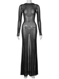 Pbong  Women See Through Mesh Long Dress Long Sleeve Tie-Up Backless Bodycon Dress Evening Party Sexy Dress Beach Cover-ups