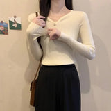 Pbong  French Style Slim Fit V Neck Knitwear Long Sleeve Womens Base Layer Black Sweater Autumn Winter Shirt