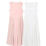 Summer New European And American Style Solid A-line Pink Strap Dress Fashion Elegant Square Collar Women Summer Long Dress
