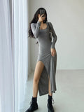 Pbong  Maxi Split Dresses for Women Solid Color Chic Temperament Robe Femme Slim Fit Square Collar Spring Dress