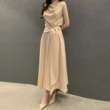 Pbong  Korean Chic Sleeveless Wrap Waist Dress Women's Citywalk Polyester Fiber Versatile Style Midi Dress Elegant Choker Design