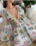 Pbong  Elegant Lace Embroidery Design Lantern Sleeve Fairy Dress Birthday Party Gown Sweet Princess Style High Waist A-Line Skirt