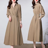 Gray High-quality Long-sleeved Shirt-collar Dress Women's Simple Office with Pockets Work Fashion Dress Autumn Clothes