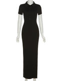 Knitted Women Bodycon Dress Sexy V-Neck Short Sleeve Split Long Dresses Autumn Black High Street Casual Party Vestidos