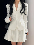 White Casual Blazer Mini Skirt 2 Piece Set Women Korean Fashion Single Breasted Jacket Pleated Dress Elegant Office Lady Suits