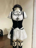 Kawaii Sweet Suit Hot Girls Polka Dot Top Black Belt Casual Bud Mini Skirt Sweet Cool Set Woman