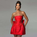 Jacquard Waist Wrap A-line Dress Women Mini 2024 Spring Summer Dress Elegant Bow Backless Sexy Party Dresses