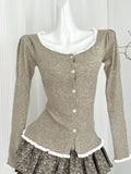 spring Woman Korean Fashion Long Sleeve Cardigan Tops 90s Vintage Sweaters Mori Girl Square Collar Lace Spliced Knitwears