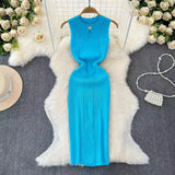 Pbong  Skinny Knit Dresses Summer Women's Dress New Korean women's O-neck Solid sleeveless Hollow Out Sexy Midi wrapped knit dress