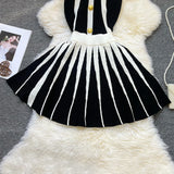 Pbong  Fashion Sexy Backless Halter Knitted Dress Women Elegant White and Black Patchwork Slim Waist Pleated Party Dress