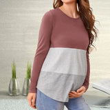 Pbong  Pregnant Women's Soft and Comfortable Round Neck T-shirt Trendy Loose Breastfeeding Striped Color Blocked Long Sleeved Top