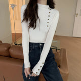 Ribbed Knit Top for Women Pullovers Button Decor Mock Neck Sweater Stretchy Long Sleeve Fitted Jumper Teen-girl Fall Winter