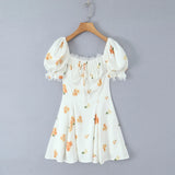 Pbong  Hit Color Printing Slimming Mini Dresses for Women Square Neck Short Leeve High Waist Temperament Dress Female