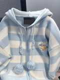 Cartoon Striped Hooded Cardigan Women Loose Cute Long Sleeve Sweet Knitted Sweater Preppy Style Female Kawaii Vintage Tops