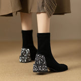 Pbong  new square head boots elegant pearl rhinestone thick heel suede single boots female short boots hundred