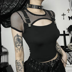 Goth Dark Mall Gothic Fishnet Patchwork Blouses Hollow Out Sexy Grunge Aesthetic T-shirts Punk Short Sleeve E-girl Alt Crop Tops