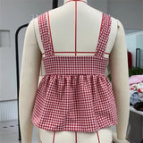 Y2k Red Gingham Tank Top Sleeveless Women Bow Tie Down Plaid Camisole Ruffle Hem Peplum Tops Summer Streetwear