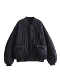 Vintage O-neck Zipper Quilted Warm Jacket For Women Loose Pocket Button Padded Coat Autumn Winter High Street Casual Outerwear