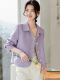 Elegant Slim Purple Jacket Women Sweet Long Sleeve Small Fragrance Coat Casual Fall Winter Lady French Pockets Fashion Tops