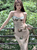 Women Elegant Summer Slim Midi Dresses Spaghetti Strap Print Lace Patchwork Backless Dress Evening Party Prom Gown Vestidos New
