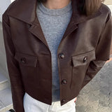 Pbong  New Autumn Fashion PU Leather Jacket Women's Lapel Single-Breasted Stitching Brown Coat Cool Style Commuter Clothing