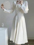 Autumn Women White Solid Long Sleeve Long Dress Elegant A-line Sweet Dresses Vintage Casual Birthday Vestidos Female Clothes