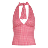 Pbong  Holiday Plaid Halter Tops Beach Style Sexy Slim Deep V-Neck Sleeveless Crop Tops Women Summer Fashion Streetwear Ladies
