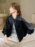 Sweet Biker Pu Jacket Women Vintage Preppy Style Big Pockets Short Coat Casual Korean Long Sleeve Retro O Neck Cute Tops