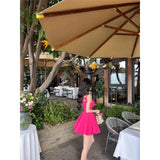 Pbong  Women's Sweet Hot Pink Mini Dress Sleeveless Square Neck A-Line Dress with Bow Decor Party bwear