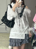 Women Harajuku Shoujo Girl Japanese Y2k Top Coquette 2000s Off Shoulder Goblin Core T-Shirt Long Sleeve Tees Gyaru Grunge Punk
