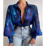 Pbong  Office ladies elegant top, fashionable button up long sleeved shirt, retro women's printed lantern sleeve shirt