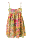 Pbong  Floral Printed Strappy Mini Dresss Yellow Casual Chic Summer Sexy Backless Women Ladies Party Ruffles Dresses Vestidos