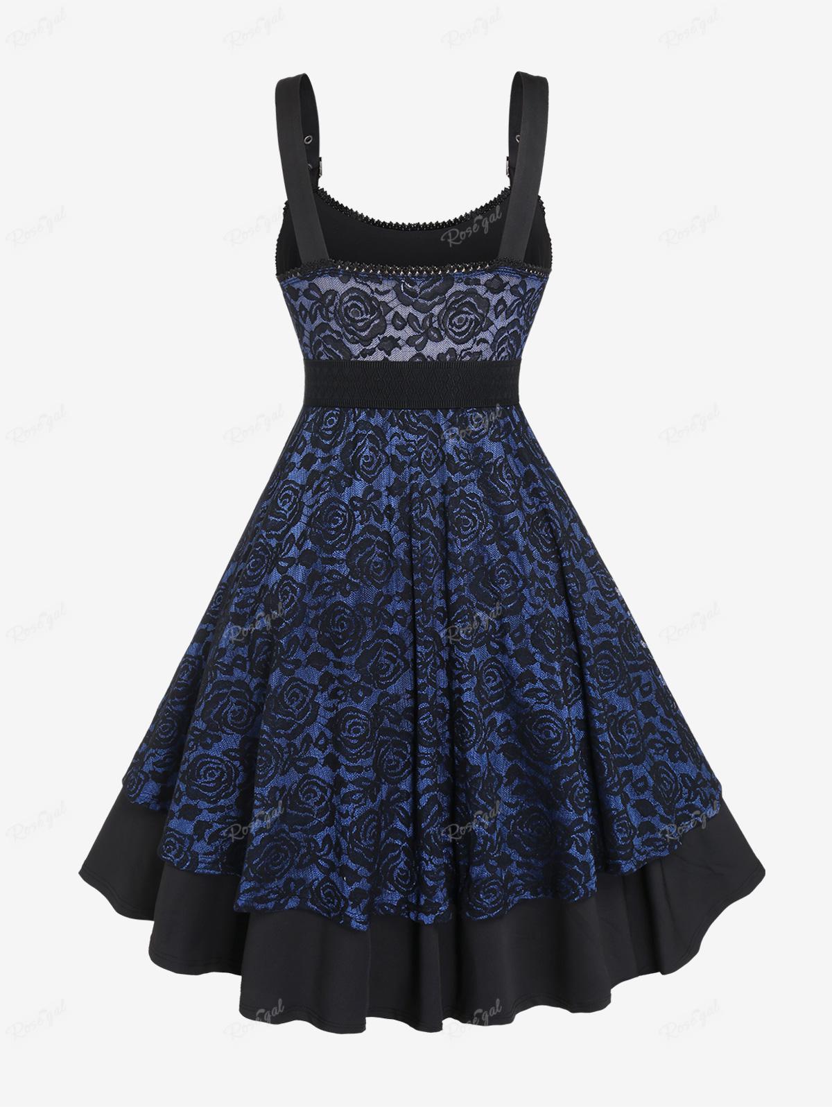 Plus Size Vintage Floral Lace Jacquard Buckled Straps Dress With Belt Deep Blue Fashion Party Holiday Dresses Vestidos