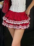 Pbong  Women Mini Skirt Summer Lace Trim Layered Ruffled Skirt Japanese Lolita Gothic Y2K Aesthetic Clothes