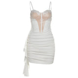 Pbong  Black Lace Bow Mini Dress See Through Ruched Short Dress Celebrity Night Club Wear Cocktail Party Outfits