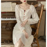 Pbong  Literary Vintage Fashion Temperament Long Sleeve Square Neck Dress Women Autumn New Button Zipper Patchwork French Long Dresses