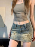 HOUZHOU Vintage Denim Mini Skirt Women Trashy Y2k 2000s Low Waist Sexy Star Rivet Distressed Slim Pencil Skirt Gyaru Streetwear