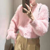 Flower Button Fuzzy Knit Sweater Cardigan Warm Fluffy Button-up Crop Sweater Jacket Knitwear Teen-girl Fall Winter Cute Outfit