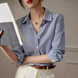 Pbong  Elegant Long Sleeve Loose Shirt Women  Autumn Fashion Turn-down Collar Striped Print Blouses And Tops
