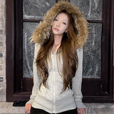 Y2k American Vintage Hooded Jacket Faux Fur Collar Long Sleeve Women Casual Zipper Pure Color Coat Streetwear 2025 Autumn