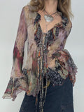 Vintage Floral Print Ruffles Mesh Shirts Women See Through Sexy Ruffle Sleeve Open Stitch Lace-Up Aesthetic Clothes
