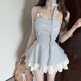 Pbong  Women Sweet Blue Plaid Dress Sexy Backless Spaghetti Strap Slip Dress Summer Preppy Style Pleated Layered Mini Party Vestidos