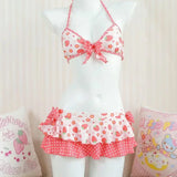 Pbong  Japanese Sweet Kawaii Summer Beach 2 Piece Sets Y2k Aesthetic Fashion Fruit Print Ruffle Bikinis Set Bow Appliques Punk Clothes