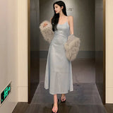 Elegant V-Neck Sparkly Dress Women Korean Fashion Spaghetti Strap Evening Dress Ladies Sexy Sequin Off Shoulder Dress